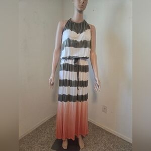 a.n.a Olive, White, and Coral Striped Maxi Dress